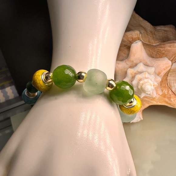 RARE TAIWAN JADE + SEA GLASS + BURMA JADE NATURAL STONES BRACELET size 7” - Picture 11 of 13